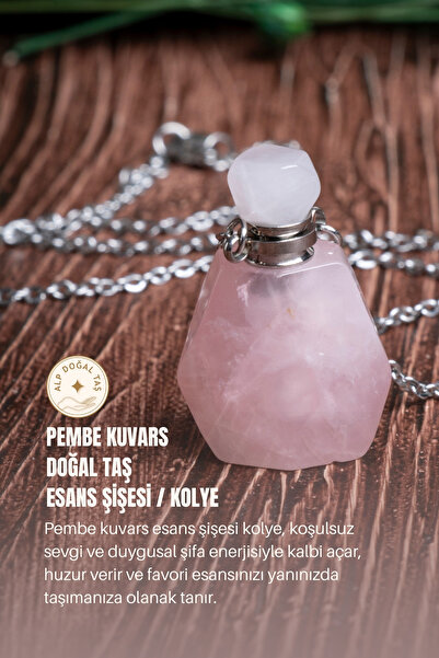 Alp Doğal Taş Sertifikalı Pembe Kuvars Doğal Taş Esans Şişesi / Kolye