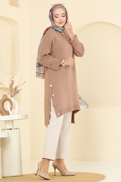 ModaMerve Düğme Detay Yırtmaçlı Tunik 2716AYD574-MS Bisküvi