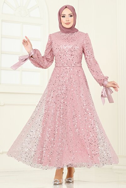 ModaMerve Boncuk Detaylı Tül Abiye 2822ELC1143-MS Pudra