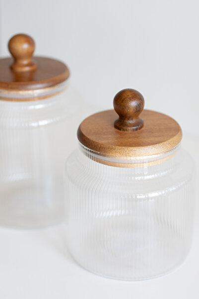 Dekorzdükkan Ball 3-Piece Acacia Lid Striped Glass Jar Set (900/1200/1700ml)