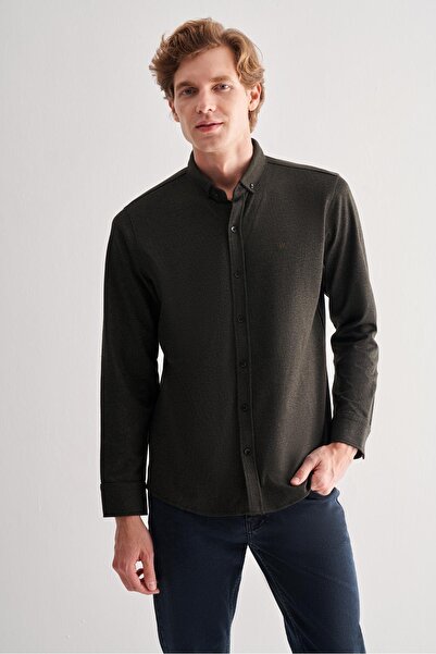 İmza Cămașă casual slim fit, fără buzunare, cu mânecă lungă, cu guler cu nasturi, kaki închis 1004255170