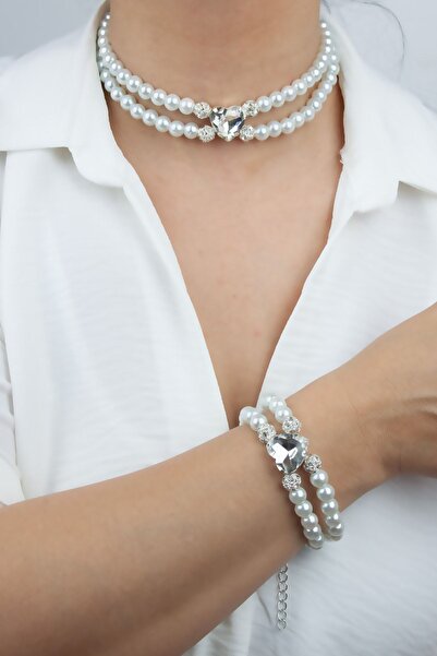 Liveyn Design مجموعة أساور وقلادة من اللؤلؤ والزجاج والكريستال على شكل قلب