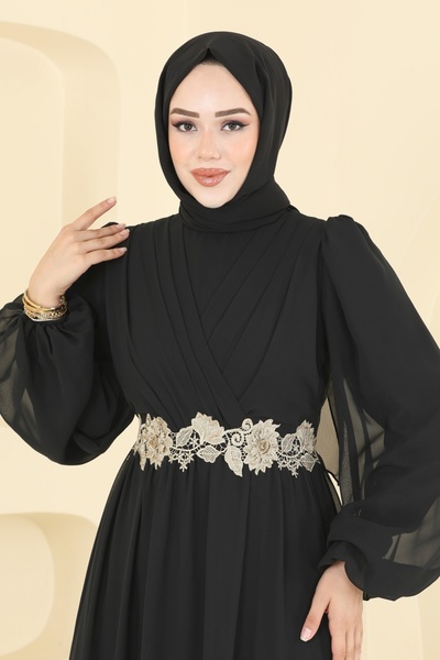 ModaMerve Beli Güpürlü Şifon Abiye 8115AB368-MS Siyah