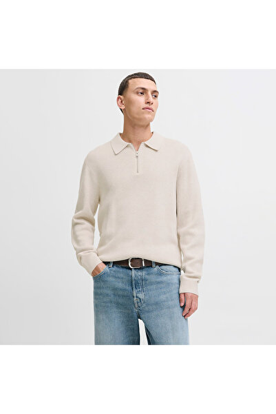 Jack & Jones Men's Beige Jprblamilano Stitch Knit Zip Polo Sweater & Cardigan...