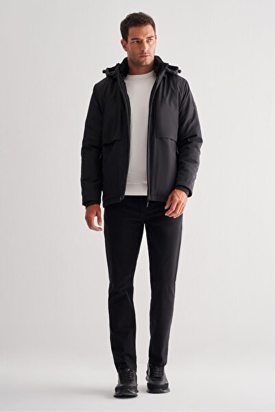 İmza Black Stand Collar Detachable Hood Slim Fit Casual Coat 1007255133