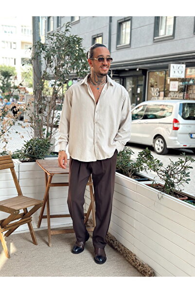 manch collection Oversize Çizgili Modal Gömlek Krem