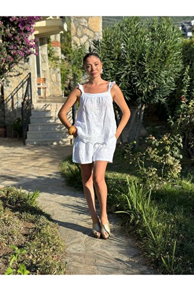 Punta Otantik Nc31211 Embroidered Shoulder Ruffle Linen Italian Shorts Set White