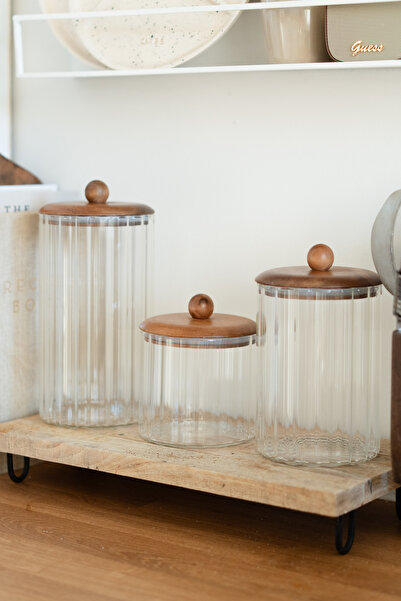 Dekorzdükkan Lumiere Set of 3 Striped Glass Jars with Acacia Lids