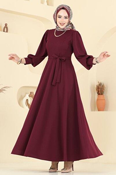 ModaMerve Beli Kuşaklı Krep Elbise 23031UKB139-MS Bordo