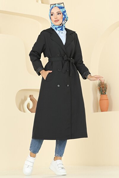 ModaMerve Beli Kuşaklı Trençkot 2516MSA980-MS Siyah