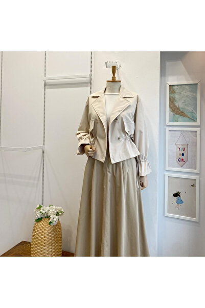 Faya Boutique Krem Beli Büzgülü Kısa Trençkot