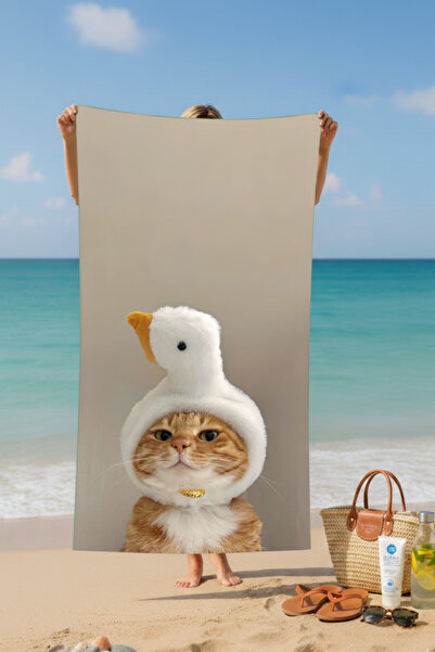 BETHA Cat with Duck Hat Cotton Beach Towel – Patterned Design – 75X150 cm