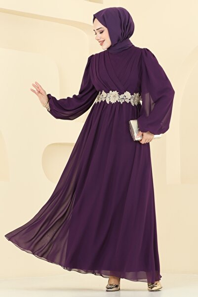 ModaMerve Beli Güpürlü Şifon Abiye 8115AB368-MS Mor