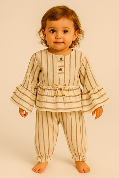 PİETRA BABY KİDS Stripe Detail Loose Sleeve 100% Cotton Muslin Fabric Baby an...