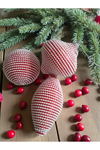 Armada 3 قطع من زينة شجرة عيد الميلاد على شكل كرة دوارة بسطح أحمر وخرز أبيض، زخارف شجرة الصنوبر الزخرفية (8 سم)