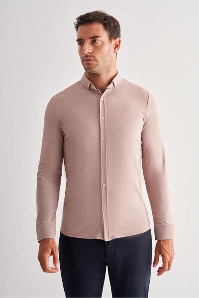 İmza Σκούρο καφέ Smart Buttoned Collar μακρυμάνικο πουκάμισο χωρίς τσέπες Slim Fit Casual πουκάμισο 1004255165