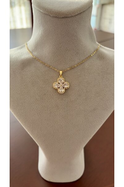 Liva Accessories Stone Clover Patterned Chain Steel Necklace-Gold Color, Anti-Allergic