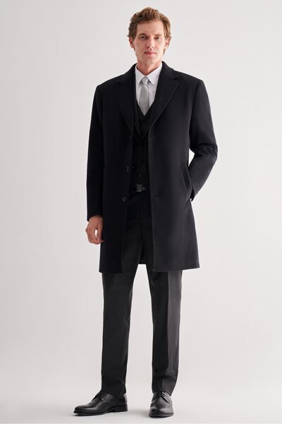 İmza Siyah Mono Yaka Palto Tam Astar Classic Comfort Fit Yünlü Kaşe Palto 100...
