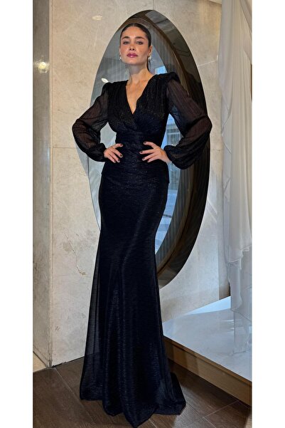 SpringStore Siyah Simli Uzun Kol Abiye