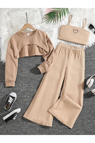 Machetta Children's Heart Printed Sweatshirt Strap Crop Tracksuit Set