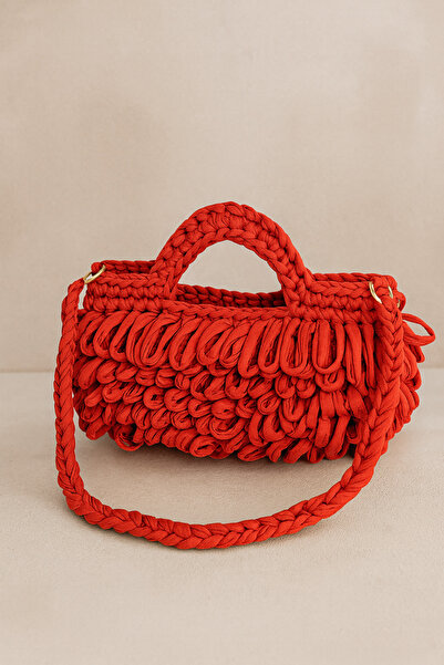 MODA MAVENA El Yapımı Penye İp Örgü Omuz ve El Çantası – Kırmızı, Modern Tasarım