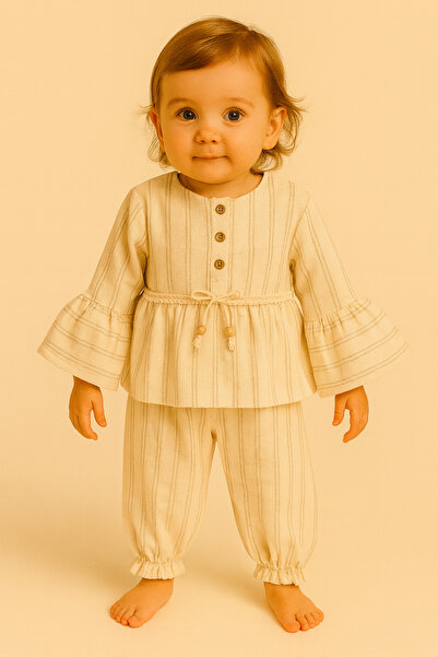 PİETRA BABY KİDS Stripe Detail Loose Sleeve 100% Cotton Muslin Fabric Baby an...