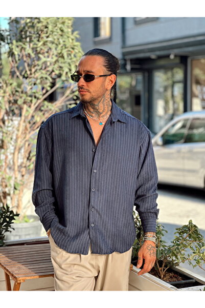 manch collection Oversize Çizgili Modal Gömlek Lacivert