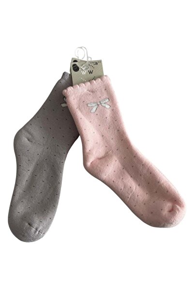 ww waka waka kids store Girl's Bowknot Dot Patterned 2-Piece Socks Set Cotton Comfortable Casual Socks