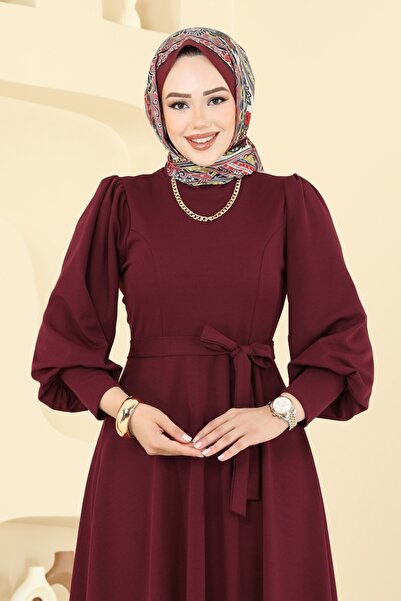 ModaMerve Beli Kuşaklı Krep Elbise 23031UKB139-MS Bordo