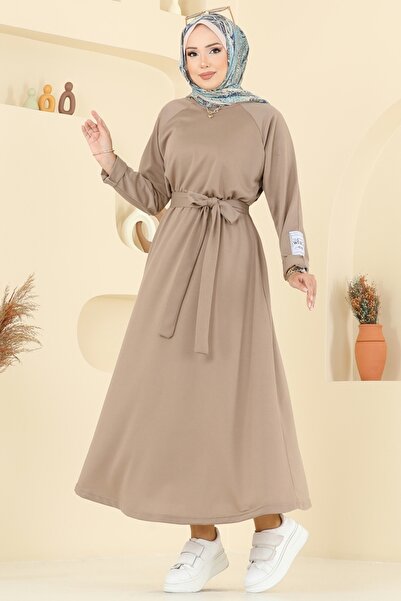 ModaMerve Beli Kuşaklı İki İp Elbise PL2828-MS Koyu Vizyon