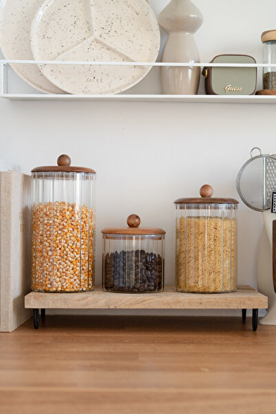 Dekorzdükkan مجموعة برطمانات زجاجية مخططة من لوميير مكونة من 3 قطع مع أغطية من خشب الأكاسيا