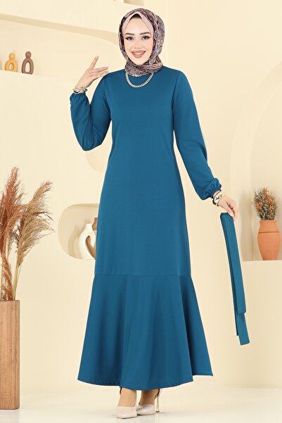 ModaMerve Eteği Katlı Mira Elbise 8133AB368-MS Açık Petrol