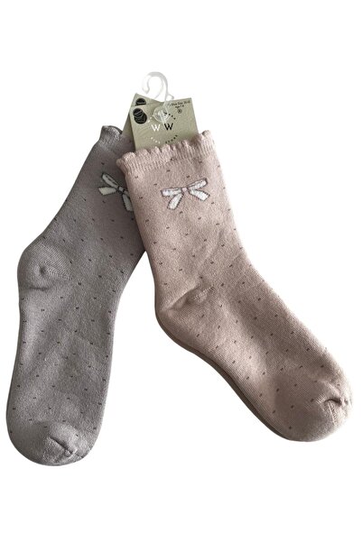 ww waka waka kids store Girl's Bowknot Dot Patterned 2-Piece Socks Set Cotton Comfortable Casual Socks