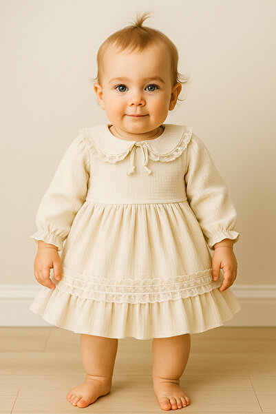 PİETRA BABY KİDS Lace Collar Loose Skirt 100% Cotton Muslin Fabric Baby and C...