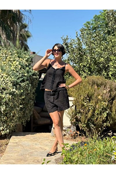 Punta Otantik Nc3159 Front Tassel Linen Italian Shorts Suit Black