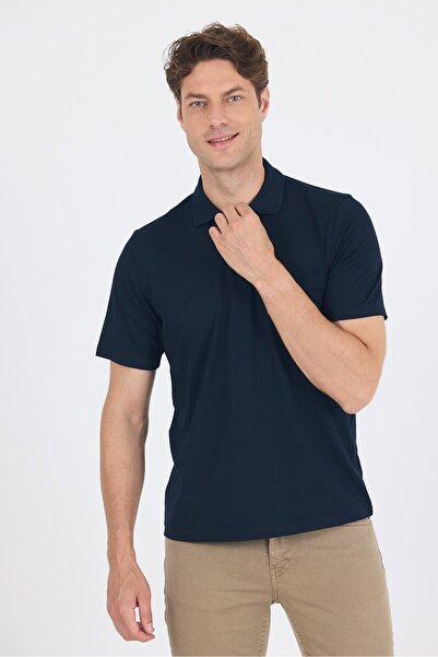 İmza Dark Navy Blue Short Sleeve Polo Neck Pocket Classic Standard Size T-Shirt 1011250173
