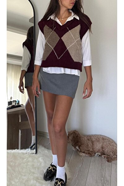 yoe butik Bordo Baklava Desenli Süveter