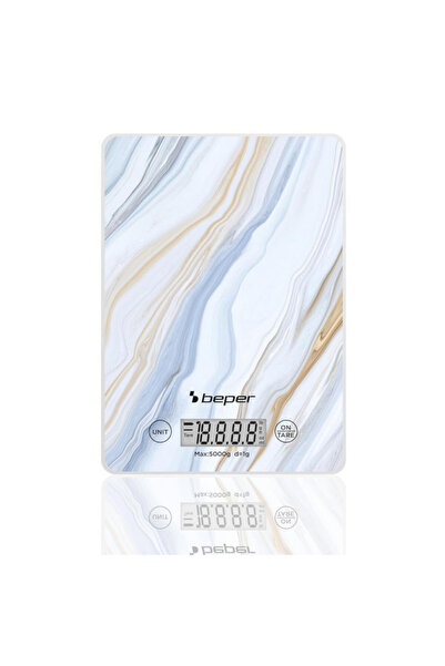 BEPER Cântar de bucătărie P102BIL001, 5 kg, afișaj LCD, alimente solide și lichide, tactil, sticlă securizată, marmură