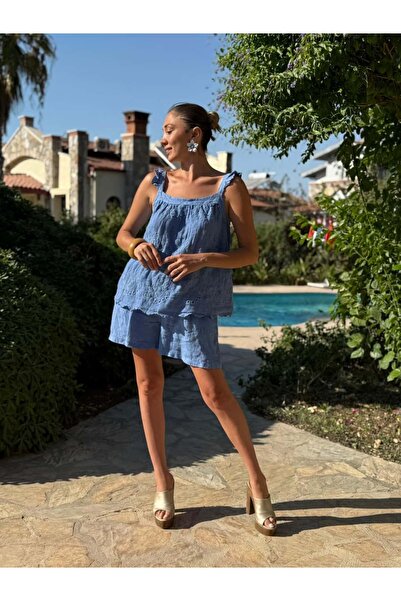 Punta Otantik Nc31211 Embroidered Shoulder Ruffle Linen Italian Shorts Set Blue