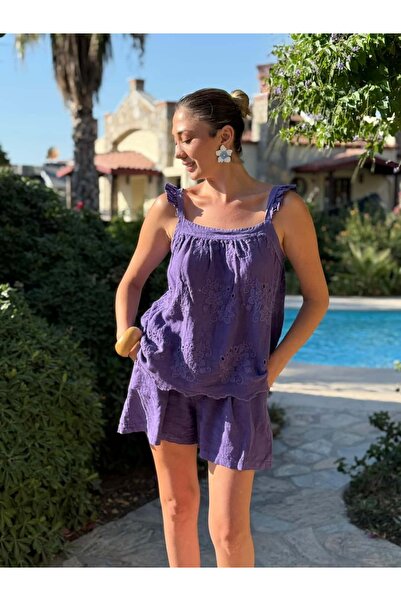 Punta Otantik NC31211 Nakışlı Omuz Fırfırlı Keten İtalyan Şortlu Takım Mor