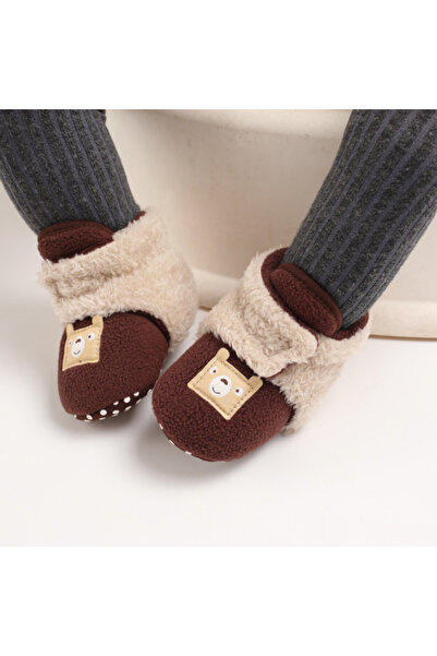Superbaby Cream and burgundy plush booties for babies - Teddy