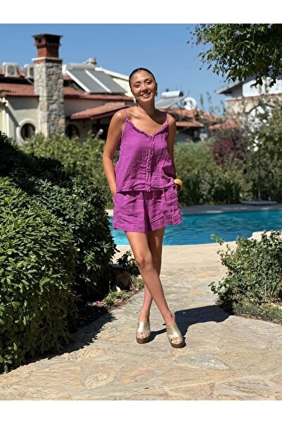 Punta Otantik Nc3159 Front Tassel Linen Italian Shorts Suit Magenta