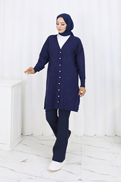 benguen Patterned Long Mercerized Cardigan N3198 Navy Blue