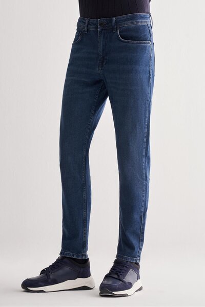 İmza Dark Navy Gabardine 5 Pocket Straight Leg Casual Slim Fit Cotton Denim Trousers 1023255151