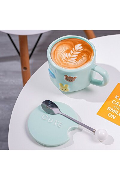 Flippy Ceramic Mug, Flippy, Porcelain, Animal Figurines Print, Mug with Spoon and Lid, 400ml Blue