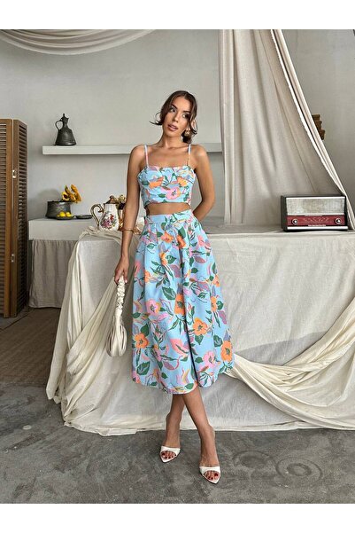 EtikaOnline Dalia Çiçek Baskılı Keten Midi Elbise