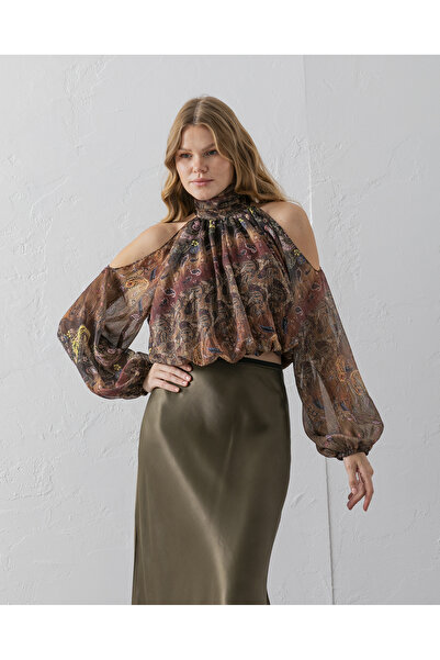 VUNTAL Блузка з відкритими плечима, еластичною талією та візерунком