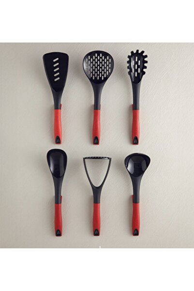 Sungroup ΚΟΚΚΙΝΟ Σετ Σκευών 6 Τεμαχίων (Κουτάλα, Κουτάλι, Σπάτουλα, Σερβίτσιο Ζυμαρικών, Ξηρός Ξηρός, Πιλητής Πατάτας)