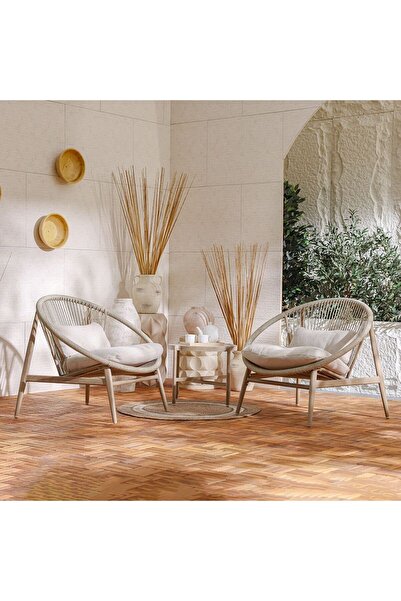 Danube Home Belarus 1+2 Rattan Balcony Set | 3-Pcs Set with Coffee Table | Modern Outdoor Furniture - Beige/Oak