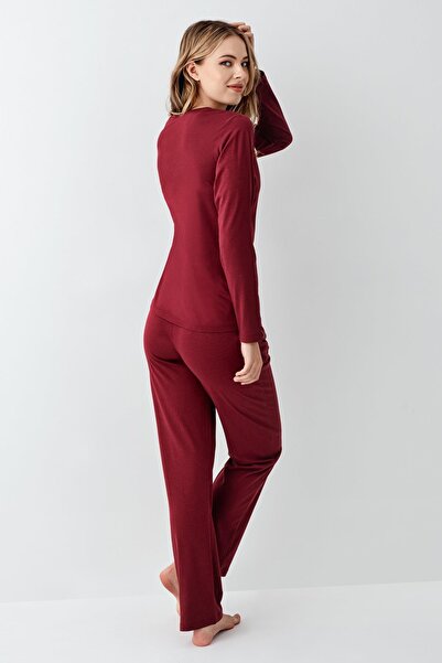 Arnetta Kadın Bordo Uzunkol Pijama Takım, %50 Pamuk %50 Modal